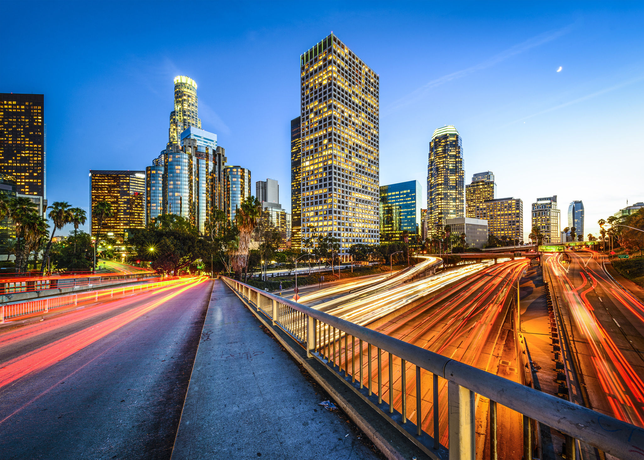 Los Angeles freeway and buildings at night